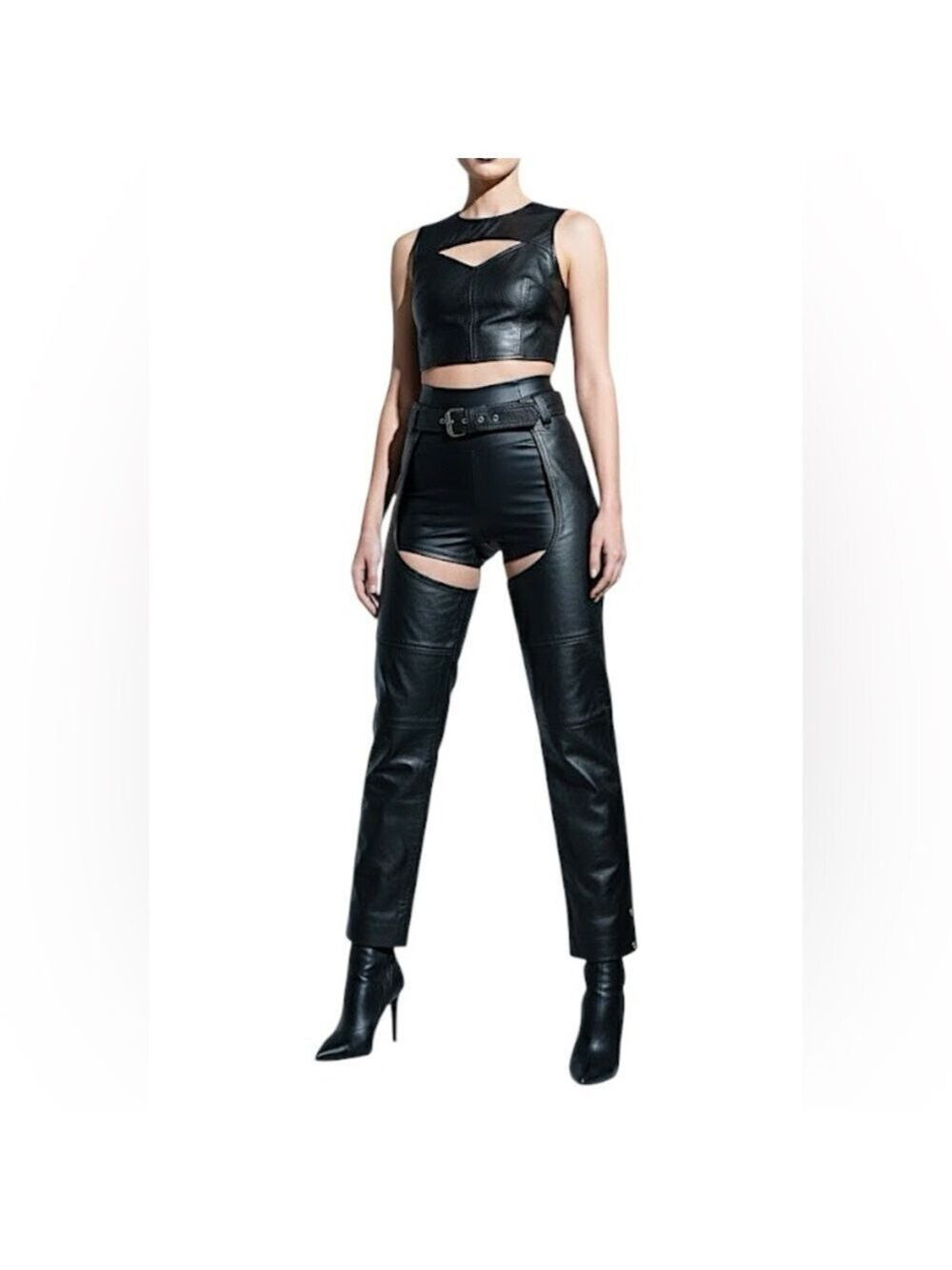 Moma Leathers Canada black leather riding motorcycle biker chaps pants L